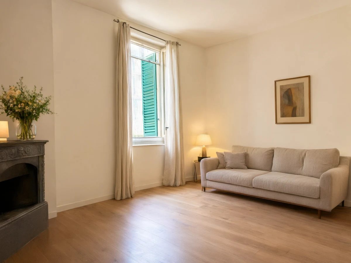 Proposta di restyling di un soggiorno con pavimento chiaro, divano, tende e illuminazione calda